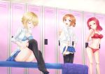  3girls arms_behind_back bangs black_bow black_legwear blonde_hair blue_bra blue_eyes blue_panties blue_skirt bow bow_bra bra braid breasts brown_eyes closed_eyes commentary_request darjeeling dress_shirt feet from_behind girls_und_panzer hair_bow locker_room long_hair long_sleeves looking_at_another medium_breasts miniskirt multiple_girls no_shoes open_clothes open_mouth open_shirt orange_hair orange_pekoe panties pantyhose pantyhose_pull parted_bangs parted_lips pleated_skirt red_bra red_panties redhead rosehip sausan school_uniform shirt short_hair sitting skirt skirt_lift smile st._gloriana&#039;s_school_uniform standing tied_hair twin_braids underwear underwear_only undressing white_shirt yellow_bra yellow_panties 