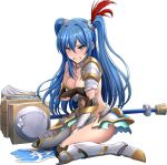  1girl aqua_eyes armor blue_hair breasts cleavage covering covering_breasts flower full_body hair_ornament long_hair official_art oshiro_project oshiro_project_re seiza shamakho sitting solo torn_clothes transparent_background twintails very_long_hair yodo_(oshiro_project) 