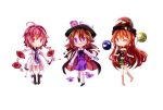  3girls ahoge bow brown_hair cape chains chibi clothes_writing collar dress drum drumsticks earth_(ornament) fedora glasses hair_ornament hat hat_bow hat_ribbon hecatia_lapislazuli horikawa_raiko instrument jacket long_hair low_twintails mitsudomoe_(shape) moon_(ornament) multicolored multicolored_clothes multicolored_skirt multiple_girls necktie occult_ball off-shoulder_shirt one_eye_closed open_mouth plaid plaid_shirt polos_crown purple_dress purple_necktie red_eyes redhead ribbon school_uniform shirt shometsu-kei_no_teruru short_hair skirt skull smile t-shirt tomoe_(symbol) touhou twintails usami_sumireko violet_eyes white_jacket 