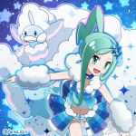  1girl :d akika_821 altaria aqua_hair blue_choker blue_eyes blue_skirt earrings hair_ornament jewelry lucia_(pokemon) mega_pokemon midriff navel open_mouth pocket_monsters_pipipi_adventure pokemon pokemon_(creature) pokemon_(game) pokemon_oras short_shorts shorts single_thighhigh skirt smile standing thigh-highs white_legwear 