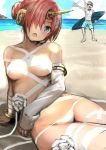  1boy 1girl absurdres akechi_shizuku arm_support arm_up bandage bandaged_arm bangs beach bikini blush bracelet detached_sleeves facial_hair fate_(series) frankenstein&#039;s_monster_(swimsuit_saber)_(fate) hair_bun hair_ornament hair_over_one_eye highres horn james_moriarty_(fate/grand_order) jewelry looking_at_viewer lying mustache ocean on_back open_mouth outdoors pink_hair short_hair shorts silver_hair solo_focus sunglasses surfboard swimsuit violet_eyes waving white_bikini white_flower 