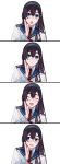  1girl :d black_hair blue_eyes blush closed_eyes closed_mouth collared_shirt comic commentary_request epaulettes glasses green_eyes hair_between_eyes hairband highres hita_(hitapita) kantai_collection long_hair long_sleeves looking_at_viewer necktie ooyodo_(kantai_collection) open_mouth red_necktie school_uniform semi-rimless_glasses serafuku shirt simple_background smile solo under-rim_glasses upper_body white_background 