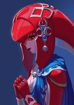 1girl blush breasts fins fish_girl hair_ornament jewelry long_hair looking_at_viewer mella mipha monster_girl multicolored multicolored_skin no_eyebrows red_skin redhead smile solo the_legend_of_zelda the_legend_of_zelda:_breath_of_the_wild yellow_eyes zora 