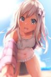  1girl alternate_costume bikini blurry depth_of_field eyebrows_visible_through_hair grey_eyes hair_ribbon kantai_collection leaning_forward long_hair one-piece_tan open_mouth outstretched_hand pink_jacket ribbon ro-500_(kantai_collection) sakiryo_kanna signature silver_hair sky solo sweat swimsuit tan tanline white_bikini 