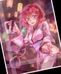  1girl alternate_costume blurry bokeh can depth_of_field festival hair_ornament hand_holding highres horikawa_raiko japanese_clothes kimono lantern looking_at_viewer mitsudomoe_(shape) night photo_(object) red_eyes redhead sash shometsu-kei_no_teruru short_hair solo tomoe_(symbol) touhou yagasuri 