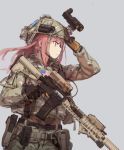  1girl ar-15 arm_up bangs binoculars black_gloves blue_eyes closed_mouth fangdan_runiu girls_frontline gloves grey_background gun hand_up helmet load_bearing_vest long_hair looking_to_the_side military military_uniform pink_hair profile rifle simple_background solo st_ar-15_(girls_frontline) trigger_discipline uniform weapon 