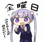  +_+ 1girl chibi flower hair_flower hair_ornament kanikama long_hair lowres new_game! open_mouth purple_hair ribbon solo suzukaze_aoba translated twintails uniform violet_eyes white_background 