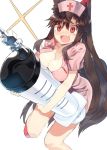  1girl alternate_costume animal_ears bare_legs bei_mochi blush bow breasts brown_hair cleavage commentary_request fang hair_bow hat highres holding imaizumi_kagerou large_breasts large_syringe long_hair nose_blush nurse nurse_cap open_mouth oversized_object red_eyes simple_background solo syringe tail tears touhou white_background wolf_ears wolf_tail 
