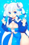  1girl ahoge blue_eyes blue_nails blush breasts bun_cover cleavage curvy fang large_breasts looking_at_viewer medium_hair mofuaki nail_polish navel open_mouth original pointy_ears short_hair smile solo thick_thighs white_hair wide_hips 