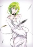  androgynous bangs blurry chains collar depth_of_field enkidu_(fate/strange_fake) fate/strange_fake fate_(series) green_hair grey_eyes hair_between_eyes leash long_hair looking_at_viewer one_eye_closed parted_lips robe shijiu_(adamhutt) smile solo teeth torn_clothes zipper 