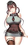  1girl bangs black_legwear black_necktie blunt_bangs blush braid breasts brown_hair closed_mouth corset cowboy_shot dsr-50_(girls_frontline) eyebrows_visible_through_hair garrison_cap gg-e girls_frontline grey_skirt hand_up hat highres large_breasts long_hair looking_at_viewer military_hat miniskirt necktie pencil_skirt pouch red_eyes ribbed_shirt shirt sidelocks simple_background single_thighhigh skirt smile solo strap thick_thighs thigh-highs thighs turtleneck underbust white_background 