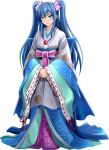  1girl aqua_eyes armor blue_hair breasts cleavage flower full_body hair_flower hair_ornament hands_together japanese_clothes long_hair official_art oshiro_project oshiro_project_re shamakho solo transparent_background twintails very_long_hair yodo_(oshiro_project) 