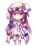  1girl arm_up bangs blue_bow blue_ribbon blunt_bangs blush_stickers bow breasts capelet chibi cleavage crescent dress full_body hair_bow hat hat_ribbon long_hair long_sleeves looking_at_viewer medium_breasts mob_cap patchouli_knowledge purple_hair purple_hat purple_legwear red_bow ribbon simple_background snowcanvas socks solo standing striped striped_dress touhou violet_eyes white_background 