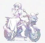  1girl blue_eyes braid dress glasses glasses_in_mouth glasses_removed ground_vehicle hair_ribbon iesupa motor_vehicle motorcycle mouth_hold ribbon rwby scar scar_across_eye shoes_removed solo weiss_schnee white_dress white_hair 