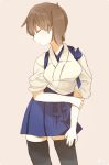  1girl arm_grab artist_name black_legwear blush breasts brown_hair closed_eyes closed_mouth collarbone commentary cowboy_shot eyebrows_visible_through_hair hakama_skirt ina_(1813576) japanese_clothes kaga_(kantai_collection) kantai_collection kimono long_hair side_ponytail simple_background solo tasuki thigh-highs 