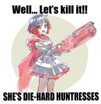  1girl black_hair cape commentary_request crescent_rose english engrish grey_eyes gun highres iesupa multicolored_hair pantyhose ranguage redhead ruby_rose rwby smile solo weapon 