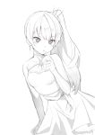  1girl :o absurdres bare_shoulders breasts cross cross_earrings dress earrings finger_to_mouth greyscale hair_ornament highres jewelry long_hair looking_at_viewer monochrome ponytail rwby scar simple_background sleeveless sleeveless_dress slslsl7266 weiss_schnee white_background 