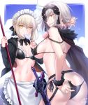  2girls adjusting_clothes adjusting_swimsuit ahoge artoria_pendragon_(all) artoria_pendragon_(swimsuit_rider_alter)_(fate) ass bikini black_bikini black_bikini_top blonde_hair breasts cape choker clouds eyebrows_visible_through_hair fate/grand_order fate_(series) food from_behind fur_trim grey_hair grin hair hair_between_eyes headpiece holding jeanne_alter large_breasts looking_at_viewer maid_headdress midriff mop multiple_girls navel okitakung parted_lips popsicle ruler_(fate/apocrypha) saber_alter short_hair sideboob sky smile sweat swimsuit sword under_boob weapon yellow_eyes 