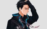  1boy black_hair brown_eyes en_(enxxx) hair_slicked_back hand_on_own_head jacket katsuki_yuuri lanyard male_focus track_jacket yuri!!!_on_ice 