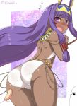  1girl animal_ears ass bangs bikini blush bound bound_wrists cat_teaser commentary_request dark_skin earrings egyptian facial_mark fate/grand_order fate_(series) hairband hoop_earrings jewelry long_hair looking_at_viewer looking_back medjed nitocris_(fate/grand_order) purple_hair rope sidelocks solo_focus swimsuit torimaru very_long_hair violet_eyes white_bikini 