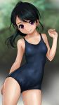 1girl black_hair black_swimsuit blurry contrapposto cowboy_shot depth_of_field flat_chest long_hair looking_at_viewer original outdoors rohitsuka school_swimsuit solo swimsuit violet_eyes wet wet_clothes wet_swimsuit 