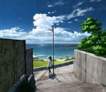  1girl bag beach bird black_hair clouds commentary horizon long_hair looking_afar manhole mocha_(cotton) ocean original road rock scenery school_bag school_uniform serafuku shadow shoes signature sky sneakers solo telephone_pole tree wall water 