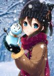  1girl amagami_(makise_tsubaki) animal_hat bangs black_gloves blue_eyes blurry blurry_background braid brown_hair character_doll coat from_side fur_trim gloves hair_between_eyes hair_ribbon hat highres holding kantai_collection long_hair long_sleeves looking_at_viewer mittens outdoors plaid plaid_scarf ribbon scarf shigure_(kantai_collection) single_braid smile snow snowing snowman solo upper_body winter winter_clothes yuudachi_(kantai_collection) 