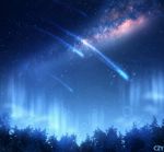  artist_signature aurora blue blue_sky czy_(2894456992) forest milky_way nature no_humans original scenery shooting_star signature sky star_(sky) starry_sky tree 