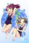  2girls ayanami_(kantai_collection) barefoot brown_hair flat_chest green_eyes kantai_collection long_hair multiple_girls one_eye_closed open_mouth ponytail school_swimsuit shikinami_(kantai_collection) shochuumimai side_ponytail signature swimsuit toda_kazuki water_gun yellow_eyes 