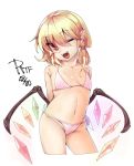  1girl arms_behind_back bare_shoulders bikini blonde_hair breasts cowboy_shot cropped_legs fangs flandre_scarlet halterneck looking_at_viewer one_eye_closed open_mouth pink_bikini pointy_ears red_eyes revision shamo_(koumakantv) small_breasts smile solo string_bikini swimsuit touhou white_background wings 