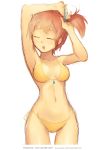  1girl absurdres armpits arms_up artist_name bare_arms bikini breasts breasts_apart character_name closed_eyes collarbone copyright_name cowboy_shot gym_leader hair_tie highres holding holding_hair kasumi_(pokemon) navel open_mouth pokemon redhead short_hair side-tie_bikini side-tie_bottom side_ponytail simple_background sketch solo standing stomach swimsuit tom_skender tying_hair watermark web_address white_background yellow_bikini 