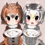  2girls bird_tail bird_wings blonde_hair blush brown_hair buttons closed_mouth coat commentary_request eurasian_eagle_owl_(kemono_friends) eyebrows_visible_through_hair fur_collar kemono_friends long_sleeves multicolored_hair multiple_girls northern_white-faced_owl_(kemono_friends) open_mouth owl_ears plate short_hair turbo_engine_(rakugaki_tabo) white_hair wings 