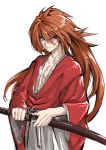  &gt;:( 1boy absurdres closed_mouth commentary_request cross_scar deluxe&lt;&lt;&lt; facial_scar frown hakama haori highres himura_kenshin holding holding_sword holding_weapon japanese_clothes katana kimono long_hair looking_at_viewer orange_hair rurouni_kenshin scar sheath simple_background sketch solo sword tied_hair unsheathing upper_body violet_eyes weapon white_background wide_sleeves 