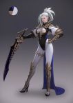  1girl absurdres armor asymmetrical_bangs bangs breasts closed_mouth commentary full_body gauntlets gradient gradient_background hand_on_hip head_tilt high_heels high_ponytail highres holding holding_sword holding_weapon kim_han_seul looking_at_viewer medium_breasts original silver_hair solo standing sword under_boob violet_eyes weapon 