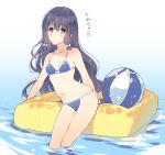  1girl alternate_hairstyle ball beachball bikini blue_bikini flat_chest groin kantai_collection kitakami_(kantai_collection) komi_zumiko navel partially_submerged solo swimsuit translation_request water 