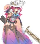  armpits belt belt_pouch boots bow breasts brooch cape character_request collar copyright_request elbow_gloves fingerless_gloves gloves hair_ornament hairpin hat jewelry long_hair mins_(minevi) pink_hair sheath shorts sword tagme thigh-highs thigh_boots weapon white_background yellow_eyes 