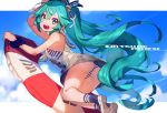  1girl :d arm_up ass bangs blue_eyes blue_hair blue_legwear blue_sky bukurote character_name clouds eyebrows_visible_through_hair from_side hair_between_eyes hair_ornament hatsune_miku innertube long_hair looking_at_viewer open_mouth outside_border scrunchie shoes sky sleeveless smile socks solo striped twintails very_long_hair vocaloid white_shoes wrist_scrunchie 
