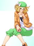  1girl bel_(pokemon) blonde_hair bow closed_mouth collarbone finger_to_mouth glasses green_eyes green_hat hat hat_bow highres holding holding_poke_ball kagkfc1z long_sleeves looking_at_viewer poke_ball pokemon pokemon_(game) pokemon_bw2 semi-rimless_glasses short_hair smile solo white_bow 