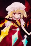  1girl ascot blonde_hair closed_mouth commentary cowboy_shot dark_background flandre_scarlet frilled_sleeves frills hair_between_eyes hat highres looking_at_viewer medium_hair mob_cap moku_(muooku) multicolored_wings puffy_short_sleeves puffy_sleeves red_background red_eyes red_skirt red_vest shirt short_sleeves simple_background skirt solo symbol-only_commentary touhou vest white_headwear white_shirt wings yellow_ascot 