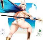  3girls arched_back ass bare_back beach blonde_hair breasts brown_eyes cape headphones long_hair looking_at_viewer looking_back multiple_girls ocean sekiyu_(spartan) solo staff thick_thighs thighs touhou toyosatomimi_no_miko under_boob 