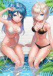  2girls bikini black_bikini blue_eyes blue_hair breasts cleavage cover cover_page double_bun doujin_cover hair_ornament hair_over_one_eye hairclip hamakaze_(kantai_collection) kantai_collection looking_at_viewer medium_breasts multiple_girls short_hair silver_hair sitting soaking_feet swimsuit to_nasu urakaze_(kantai_collection) water white_bikini 