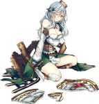  1girl ;( bare_shoulders boots breasts broken broken_sword broken_weapon brown_boots cleavage conwy_(oshiro_project) dress full_body green_dress kneeling large_breasts light_blue_hair looking_at_viewer official_art oshiro_project oshiro_project_re saijou_haruki solo sword torn_clothes transparent_background weapon 