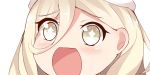  +_+ 1girl beret blonde_hair close-up hat kantai_collection long_hair looking_at_viewer nahaki no_nose open_mouth richelieu_(kantai_collection) simple_background solo sparkling_eyes symbol-shaped_pupils white_background white_hat yellow_eyes 