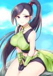  1girl belt between_legs black_gloves black_hair black_shorts blue_sky blush breasts closed_mouth clouds commentary_request cowboy_shot day dragon_quest dragon_quest_xi eyebrows_visible_through_hair fingerless_gloves gloves hand_between_legs large_breasts long_hair looking_at_viewer martina_(dragon_quest_xi) midriff navel outdoors own_hands_together ponytail shorts sitting sky sleeveless smile solo tougyuu_yukio violet_eyes 