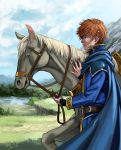  1boy animal annelie cape eliwood_(fire_emblem) fire_emblem fire_emblem:_rekka_no_ken horse outdoors smile 