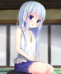  1girl :d bangs bare_arms black_legwear blue_hair blurry blush collarbone depth_of_field eyebrows_visible_through_hair flat_chest gochuumon_wa_usagi_desu_ka? hair_ornament indoors kafuu_chino kouda_suzu long_hair looking_at_viewer neck_ribbon no_shoes open_mouth plaid plaid_skirt ribbon room seiza shirt sitting skirt sleeveless sleeveless_shirt smile socks solo tatami violet_eyes x_hair_ornament 