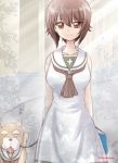  1girl brown_eyes brown_hair collarbone dog dress girls_und_panzer leash nakasawa_kei nishizumi_maho short_hair signature sleeveless 