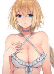  1girl ahoge bangs bare_arms bare_shoulders bikini blonde_hair blue_eyes braid breasts choker cleavage collarbone commentary_request criss-cross_halter deep_skin eyebrows_visible_through_hair fate/apocrypha fate_(series) fingernails frilled_bikini frills hair_between_eyes halter_top halterneck hand_on_own_chest headpiece kuritomo large_breasts long_fingernails long_hair parted_lips ruler_(fate/apocrypha) simple_background single_braid solo swimsuit tsurime upper_body very_long_hair white_background white_bikini white_choker 