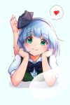  1girl aqua_eyes bangs barefoot black_bow black_bowtie blue_background blue_hair blush bob_cut bow bowtie buttons closed_mouth collared_shirt commentary_request eyebrows_visible_through_hair hair_bow heart highres konpaku_youmu konpaku_youmu_(ghost) looking_at_viewer lying on_back shirt short_hair short_sleeves simple_background smile solo spoken_heart take_no_ko_(4919400) touhou v white_shirt 