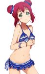  1girl :o absurdres alternate_hairstyle bangs bikini bikini_skirt blush bracelet cowboy_shot double_bun frilled_bikini frills front-tie_bikini front-tie_top green_eyes halterneck hands_together highres icehotmilktea jewelry kurosawa_ruby love_live! love_live!_sunshine!! midriff navel redhead simple_background solo swimsuit white_background 